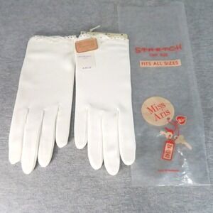Vintage Miss Aris Gloves White OS Stretch Nylon Eyelet Trim Dainty 60s NEW